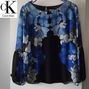 🔥 3/$30 Calvin Klein blue black flowy top blouse women's size medium.